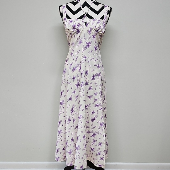 Dresses & Skirts - Floral Purple & White Milk Maid Style Dress Corset & Front Front Slit Size L